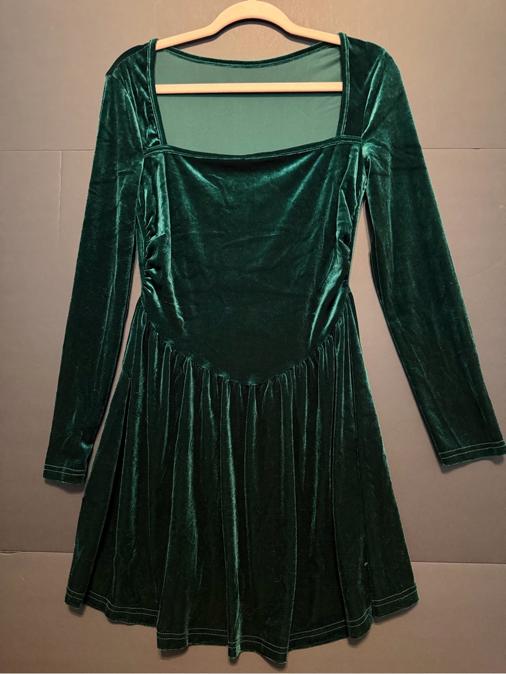 SHEIN Emerald Green Velvet Long-Sleeve Square Neck Dress